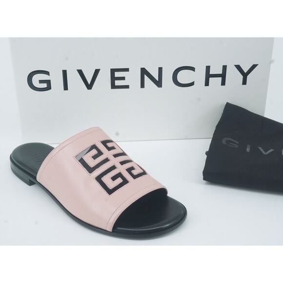 Givenchy 4G Pink Black Logo Flat Mule Slide Sandals SZ 36.5 NIB $825 - Picture 1 of 12
